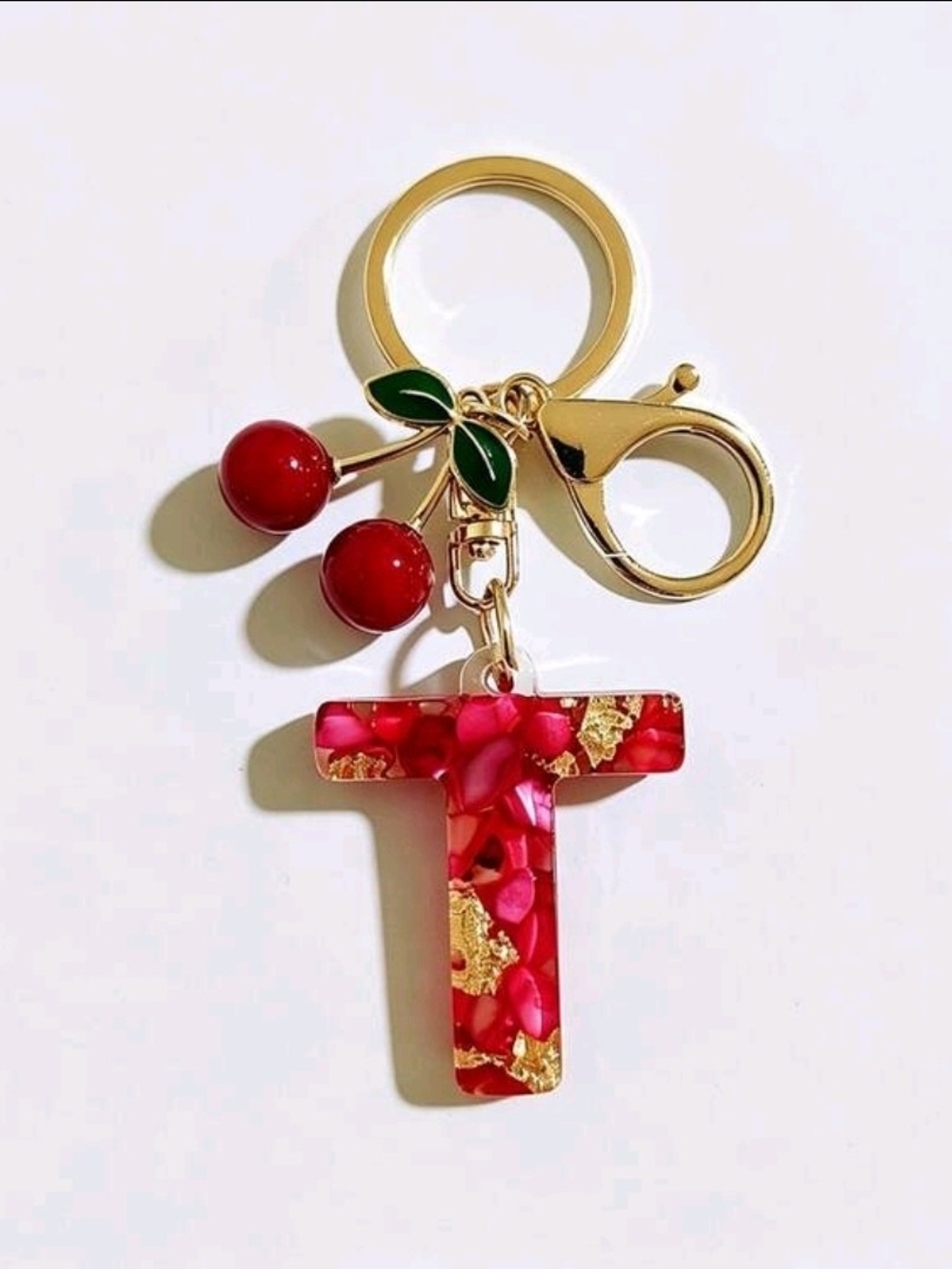 Gold-Tone Red Cherry Initial 'T' Key & Card Holder Charm
